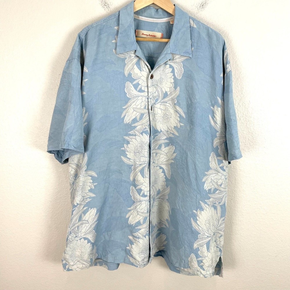 Tommy Bahama Mens XXL Blue Floral 100% Silk Hawaiian Shirt Short Sleeve Tropical